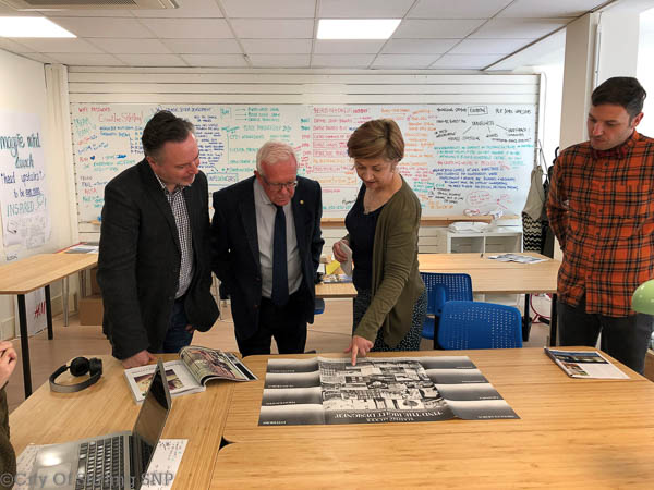 Bruce Crawford MSP, Alyn Smith MEP and Jo Hall of Creative Stirling at the Creative Hub on King Street